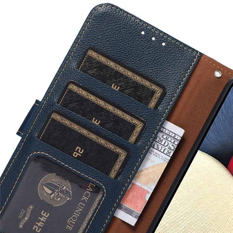 KHAZNEH For iPhone 14 Plus PU Leather Cell Phone Case Litchi Texture RFID Blocking Stand Wallet Cover - Blue