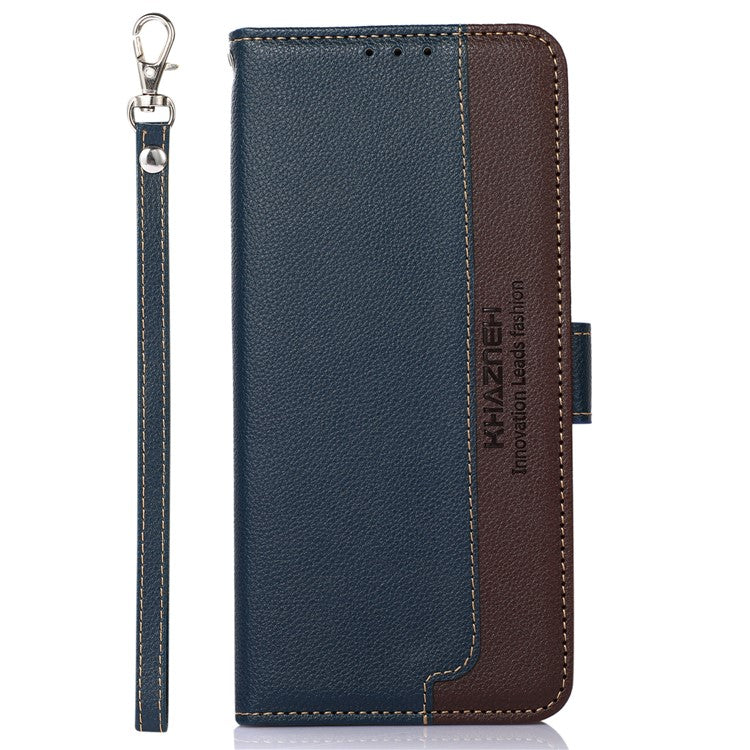 KHAZNEH For iPhone 14 Plus PU Leather Cell Phone Case Litchi Texture RFID Blocking Stand Wallet Cover - Blue