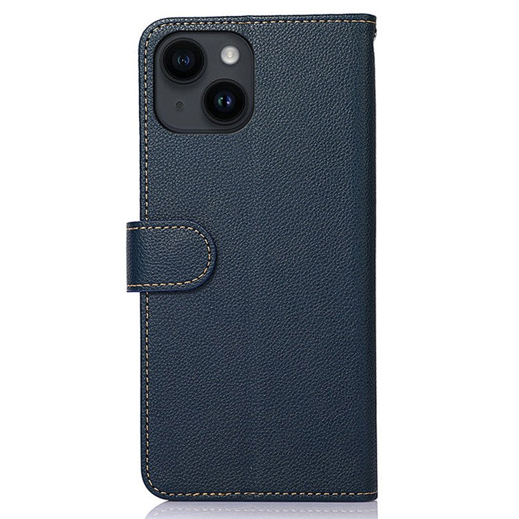 KHAZNEH For iPhone 14 Plus PU Leather Cell Phone Case Litchi Texture RFID Blocking Stand Wallet Cover - Blue