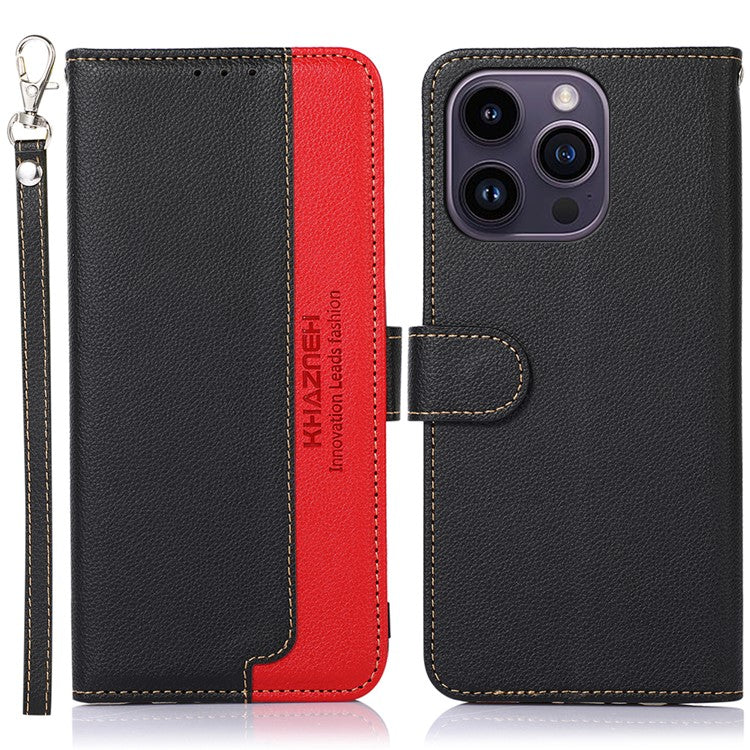 KHAZNEH Slim-Fit Leather Case for iPhone 14 Pro RFID Blocking Litchi Texture Wallet Phone Stand Cover - Black