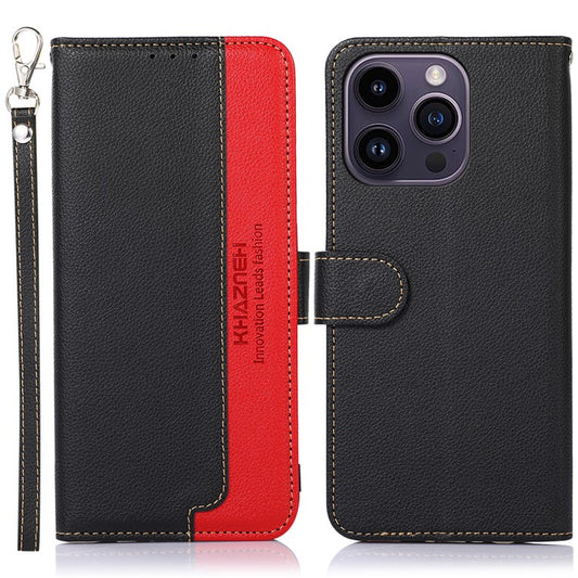 KHAZNEH Slim-Fit Leather Case for iPhone 14 Pro RFID Blocking Litchi Texture Wallet Phone Stand Cover - Black