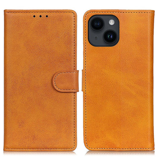 For iPhone 14 Plus Cowhide Texture Cell Phone Case PU Leather+TPU Foldable Stand Wallet Anti-Scratch Cover - Brown