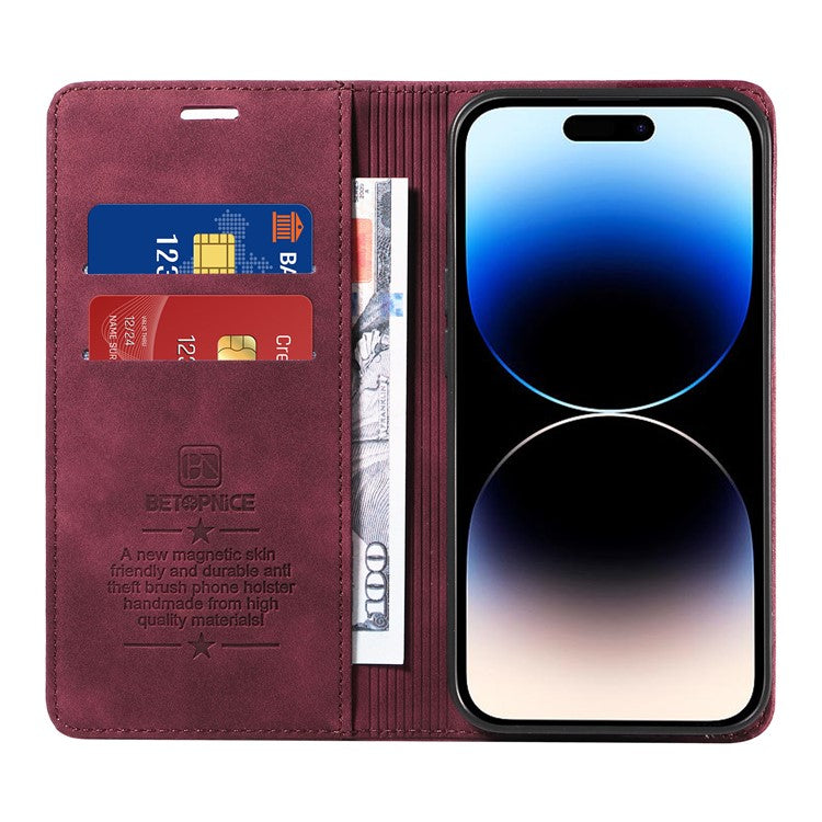BETOPNICE 003 Shockproof Wallet Case For iPhone 14 Pro RFID Blocking PU Leather Stand Phone Cover - Red