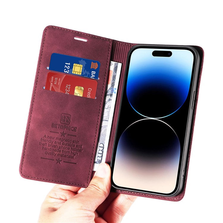 BETOPNICE 003 Shockproof Wallet Case For iPhone 14 Pro RFID Blocking PU Leather Stand Phone Cover - Red