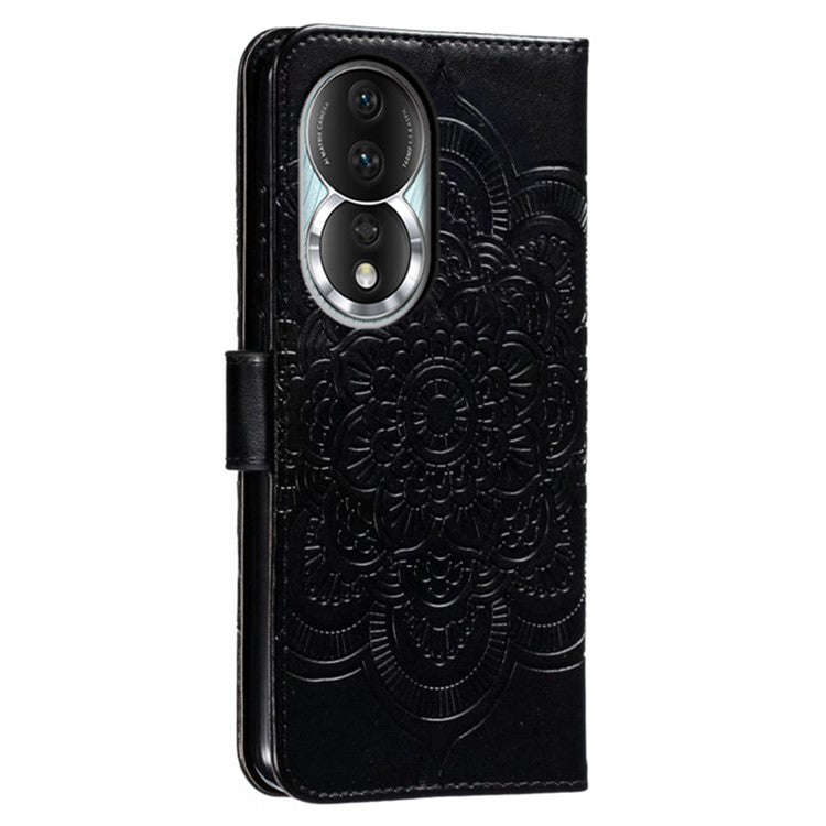 For Honor 80 5G Flip Phone Cover Imprinting Mandala Flower Anti-scratch PU Leather+TPU Stand Magnetic Case - Black