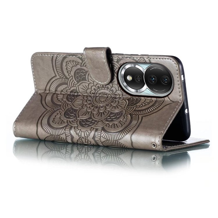 For Honor 80 5G Flip Phone Cover Imprinting Mandala Flower Anti-scratch PU Leather+TPU Stand Magnetic Case - Grey