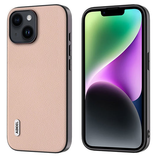 ABEEL For iPhone 14 Plus Phone Case Cowhide Leather Coated PC+TPU Fine Litchi Texture Back Cover - Pink