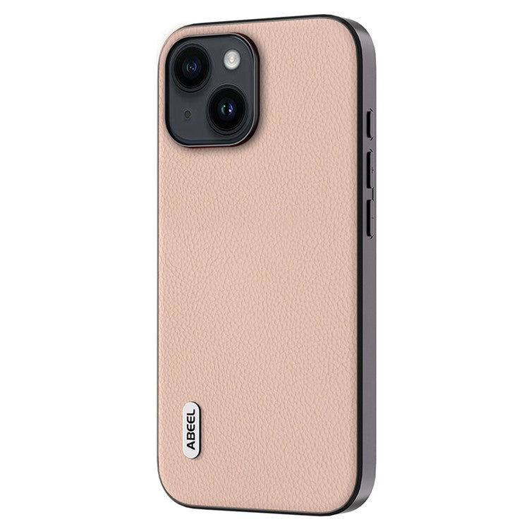 ABEEL For iPhone 14 Plus Phone Case Cowhide Leather Coated PC+TPU Fine Litchi Texture Back Cover - Pink