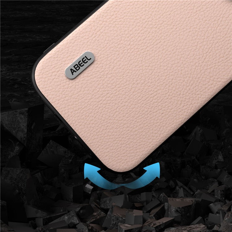 ABEEL For iPhone 14 Plus Phone Case Cowhide Leather Coated PC+TPU Fine Litchi Texture Back Cover - Pink