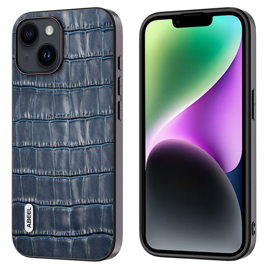 ABEEL For iPhone 14 Plus Anti-drop Crocodile Texture Phone Case Cowhide Leather + TPU + PC Hybrid Cover - Blue
