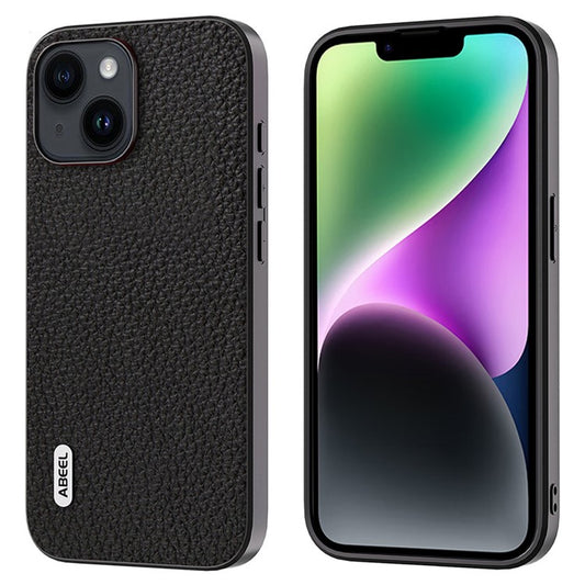 ABEEL For iPhone 14 Plus Cowhide Leather Coated PC+TPU Phone Case Litchi Texture Shockproof Cover - Black