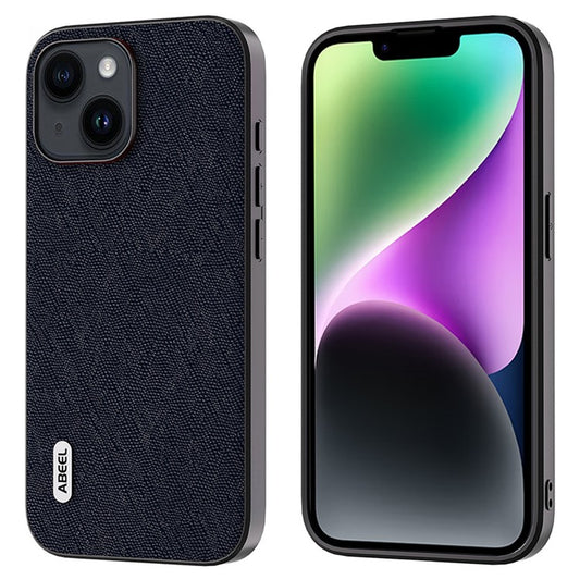 ABEEL For iPhone 14 Plus Cross Texture Phone Back Case Drop Proof Cowhide Leather + TPU + PC Cover - Blue