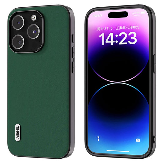 ABEEL For iPhone 14 Pro Smooth Silky Feeling Phone Case Cowhide Leather Coated PC+TPU Back Cover - Green