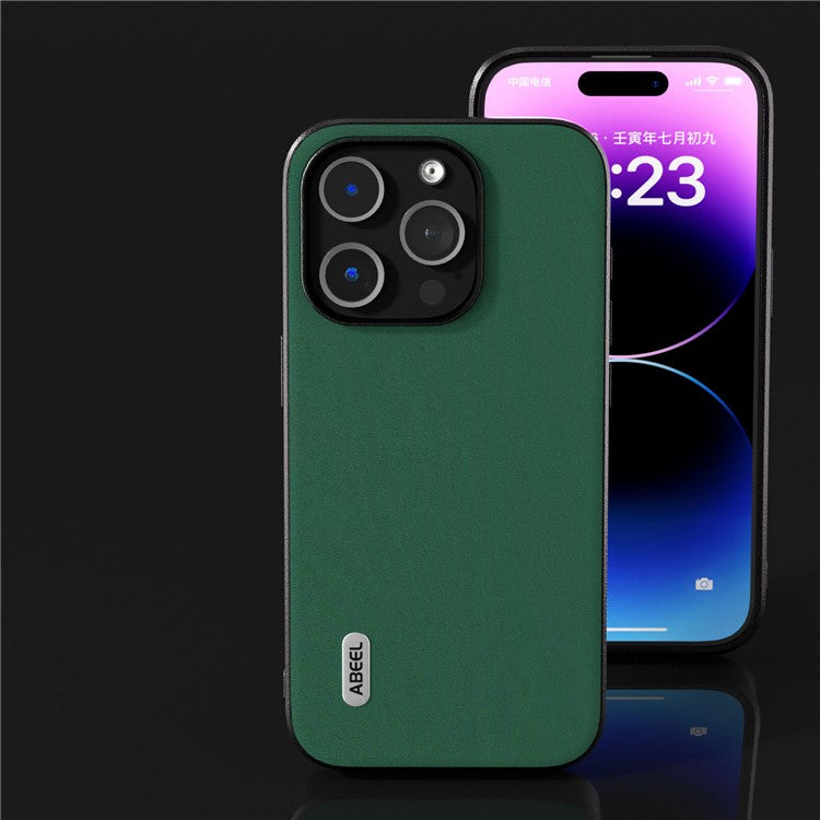 ABEEL For iPhone 14 Pro Smooth Silky Feeling Phone Case Cowhide Leather Coated PC+TPU Back Cover - Green