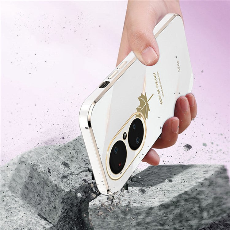 Straight Edge Phone Case for Huawei P50 Pro 4G Electroplated Maple Leaf TPU Cover - Black