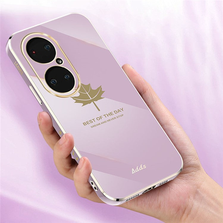 Straight Edge Phone Case for Huawei P50 Pro 4G Electroplated Maple Leaf TPU Cover - Black