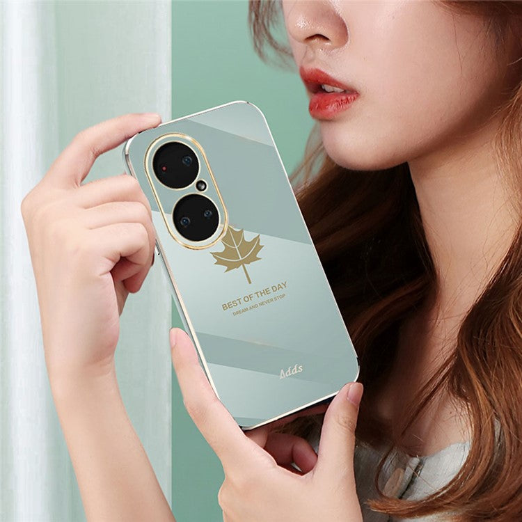 Straight Edge Phone Case for Huawei P50 Pro 4G Electroplated Maple Leaf TPU Cover - Black