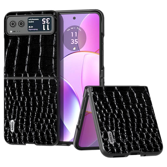 ABEEL For Motorola Razr 40 5G Protective Case Genuine Cow Leather Coated PC Crocodile Texture Phone Cover - Black