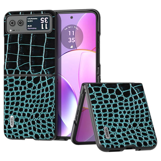 ABEEL For Motorola Razr 40 5G Protective Case Genuine Cow Leather Coated PC Crocodile Texture Phone Cover - Blue