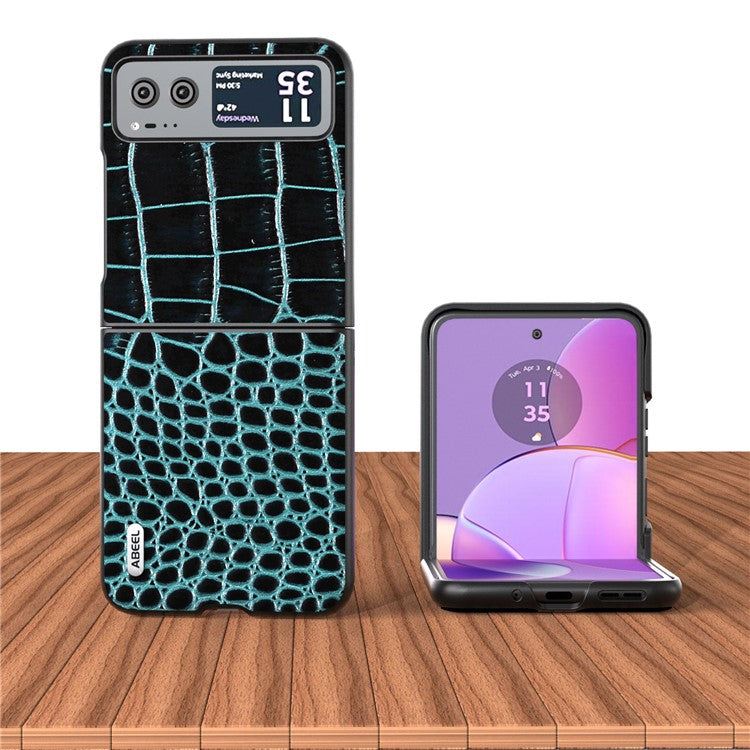 ABEEL For Motorola Razr 40 5G Protective Case Genuine Cow Leather Coated PC Crocodile Texture Phone Cover - Blue