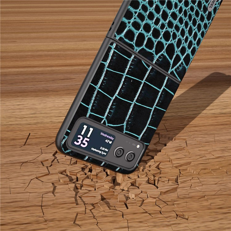 ABEEL For Motorola Razr 40 5G Protective Case Genuine Cow Leather Coated PC Crocodile Texture Phone Cover - Blue