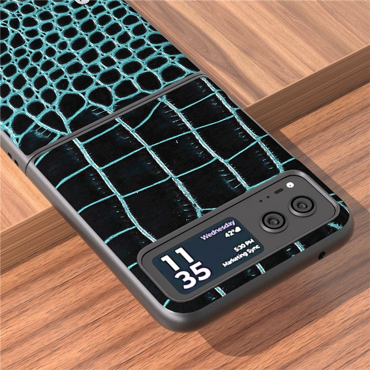 ABEEL For Motorola Razr 40 5G Protective Case Genuine Cow Leather Coated PC Crocodile Texture Phone Cover - Blue