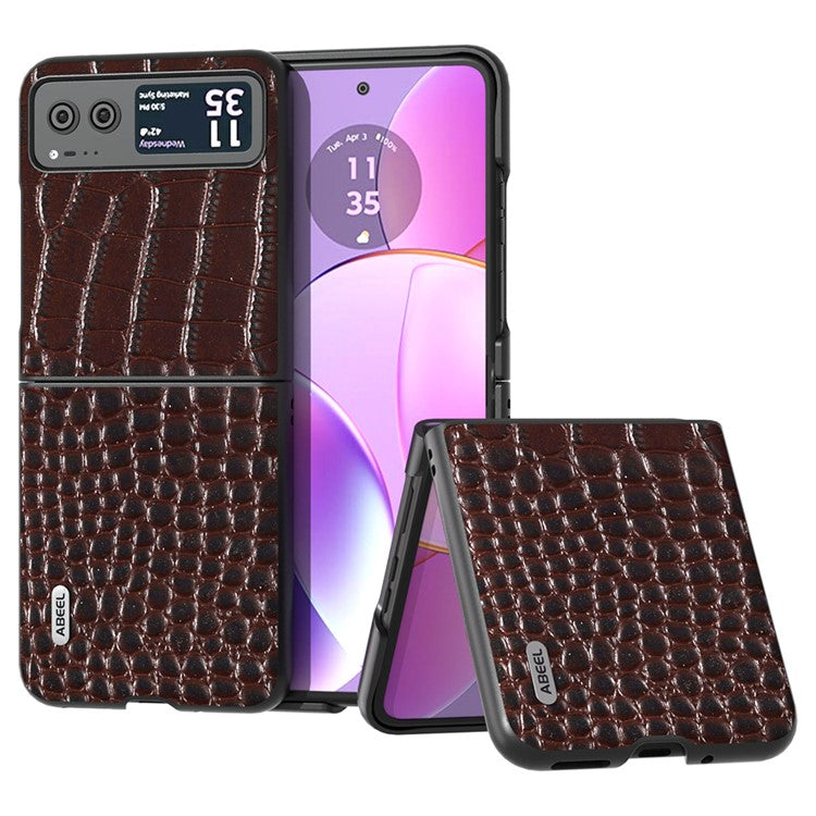 ABEEL For Motorola Razr 40 5G Protective Case Genuine Cow Leather Coated PC Crocodile Texture Phone Cover - Coffee