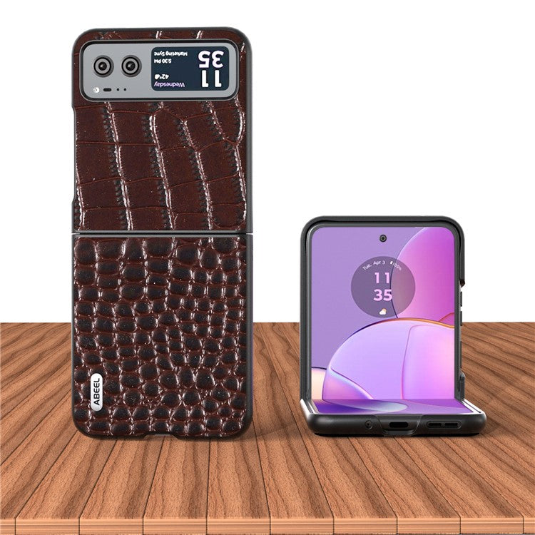 ABEEL For Motorola Razr 40 5G Protective Case Genuine Cow Leather Coated PC Crocodile Texture Phone Cover - Coffee