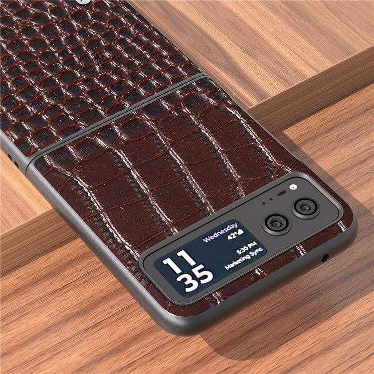 ABEEL For Motorola Razr 40 5G Protective Case Genuine Cow Leather Coated PC Crocodile Texture Phone Cover - Coffee