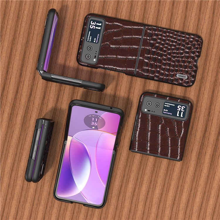 ABEEL For Motorola Razr 40 5G Protective Case Genuine Cow Leather Coated PC Crocodile Texture Phone Cover - Coffee
