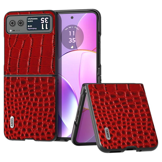 ABEEL For Motorola Razr 40 5G Protective Case Genuine Cow Leather Coated PC Crocodile Texture Phone Cover - Red