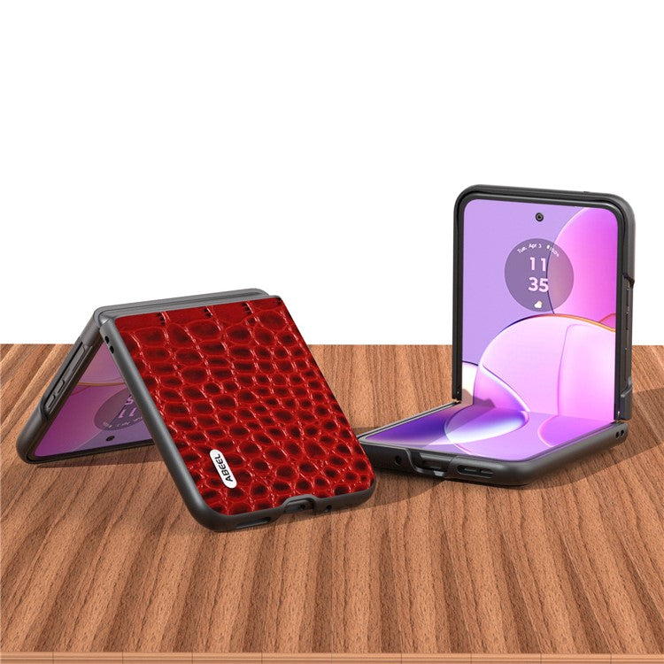 ABEEL For Motorola Razr 40 5G Protective Case Genuine Cow Leather Coated PC Crocodile Texture Phone Cover - Red