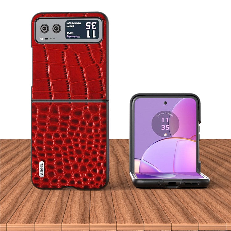 ABEEL For Motorola Razr 40 5G Protective Case Genuine Cow Leather Coated PC Crocodile Texture Phone Cover - Red