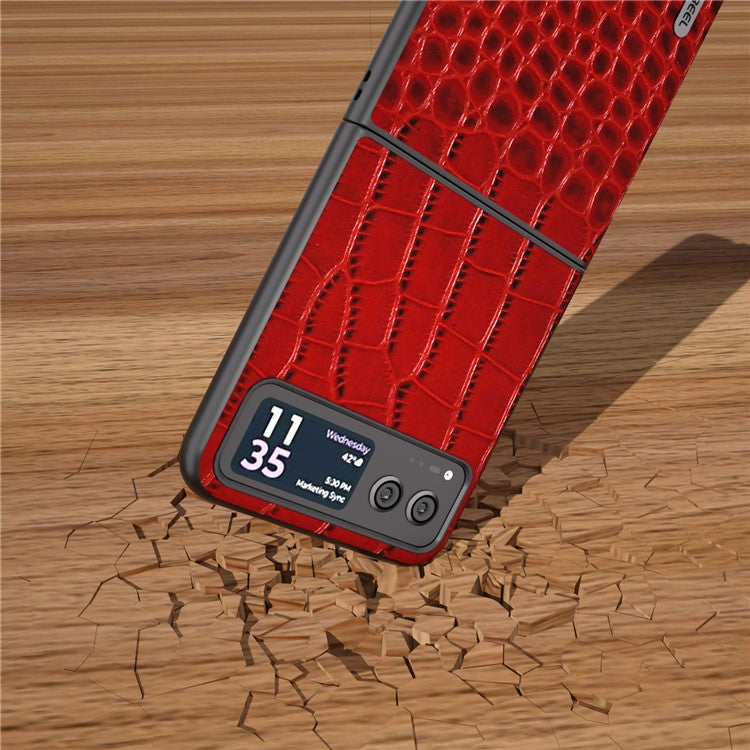 ABEEL For Motorola Razr 40 5G Protective Case Genuine Cow Leather Coated PC Crocodile Texture Phone Cover - Red