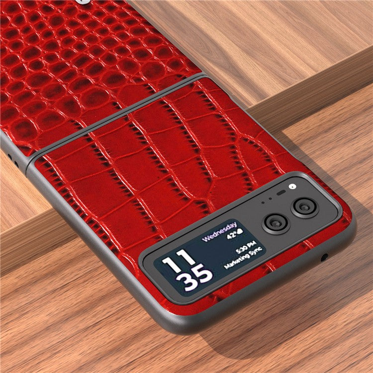 ABEEL For Motorola Razr 40 5G Protective Case Genuine Cow Leather Coated PC Crocodile Texture Phone Cover - Red