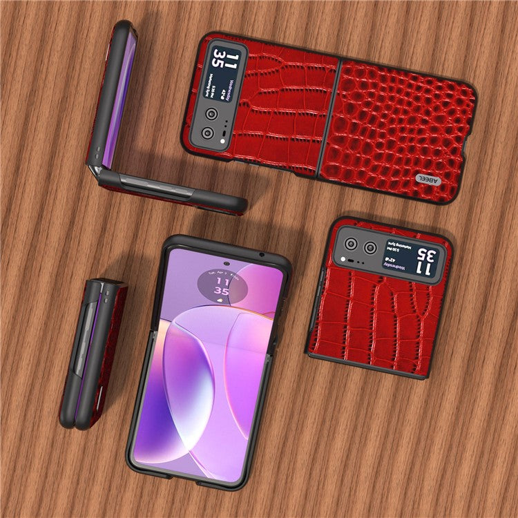 ABEEL For Motorola Razr 40 5G Protective Case Genuine Cow Leather Coated PC Crocodile Texture Phone Cover - Red