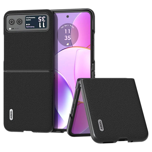 ABEEL For Motorola Razr 40 5G Waves Texture Case Genuine Cow Leather Hard PC Phone Cover - Black