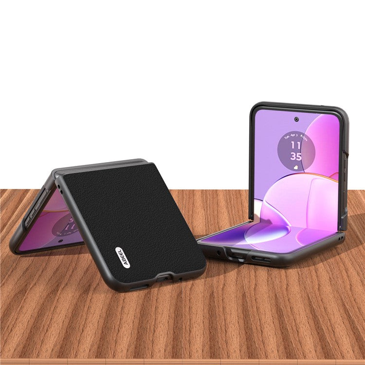 ABEEL For Motorola Razr 40 5G Waves Texture Case Genuine Cow Leather Hard PC Phone Cover - Black