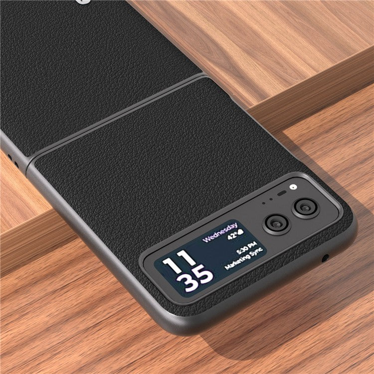ABEEL For Motorola Razr 40 5G Waves Texture Case Genuine Cow Leather Hard PC Phone Cover - Black