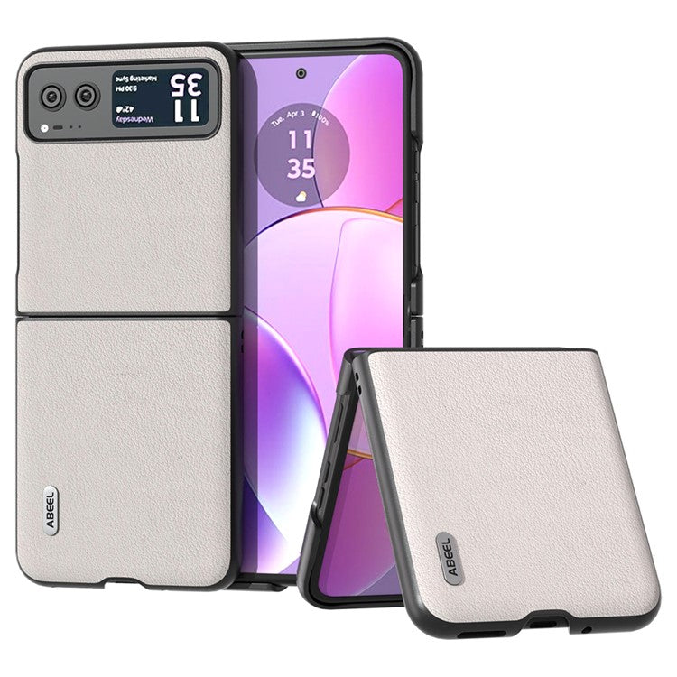 ABEEL For Motorola Razr 40 5G Waves Texture Case Genuine Cow Leather Hard PC Phone Cover - Grey