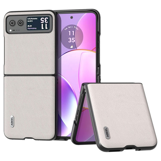 ABEEL For Motorola Razr 40 5G Waves Texture Case Genuine Cow Leather Hard PC Phone Cover - Grey