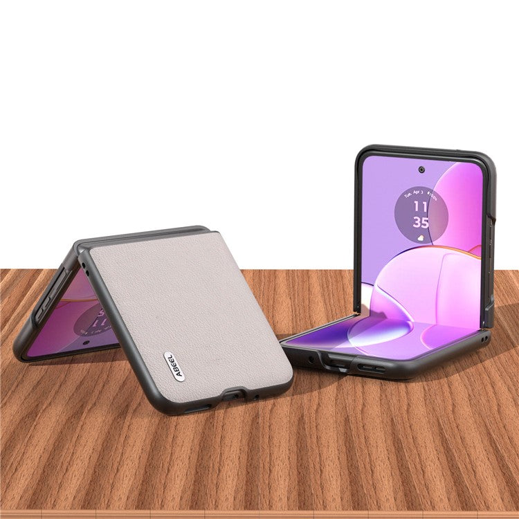 ABEEL For Motorola Razr 40 5G Waves Texture Case Genuine Cow Leather Hard PC Phone Cover - Grey