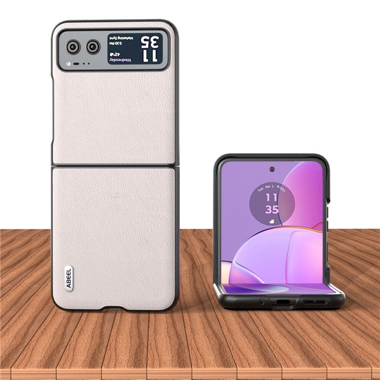 ABEEL For Motorola Razr 40 5G Waves Texture Case Genuine Cow Leather Hard PC Phone Cover - Grey