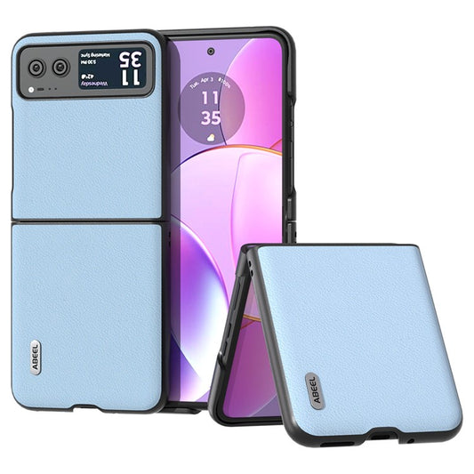 ABEEL For Motorola Razr 40 5G Waves Texture Case Genuine Cow Leather Hard PC Phone Cover - Blue