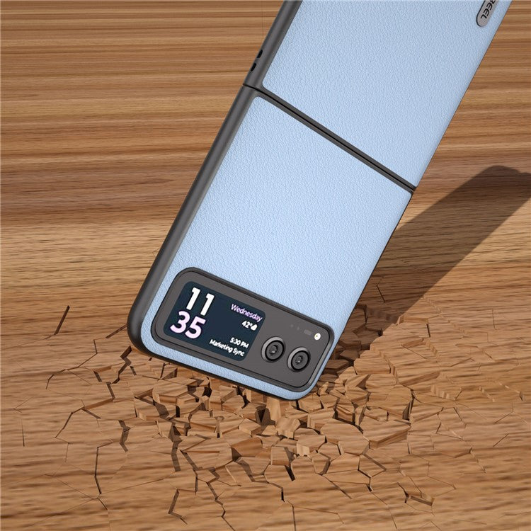 ABEEL For Motorola Razr 40 5G Waves Texture Case Genuine Cow Leather Hard PC Phone Cover - Blue