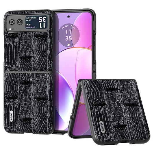 ABEEL For Motorola Razr 40 5G Mahjong Texture Cover Genuine Cow Leather+PC Anti-Shock Phone Case - Black