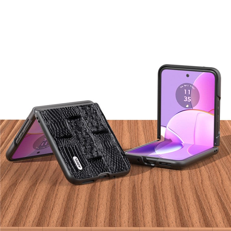 ABEEL For Motorola Razr 40 5G Mahjong Texture Cover Genuine Cow Leather+PC Anti-Shock Phone Case - Black
