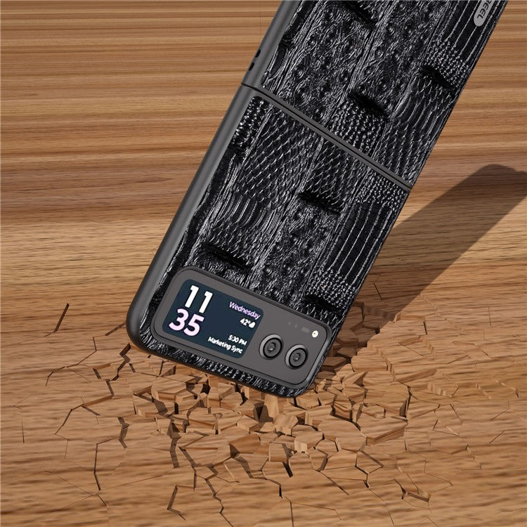 ABEEL For Motorola Razr 40 5G Mahjong Texture Cover Genuine Cow Leather+PC Anti-Shock Phone Case - Black
