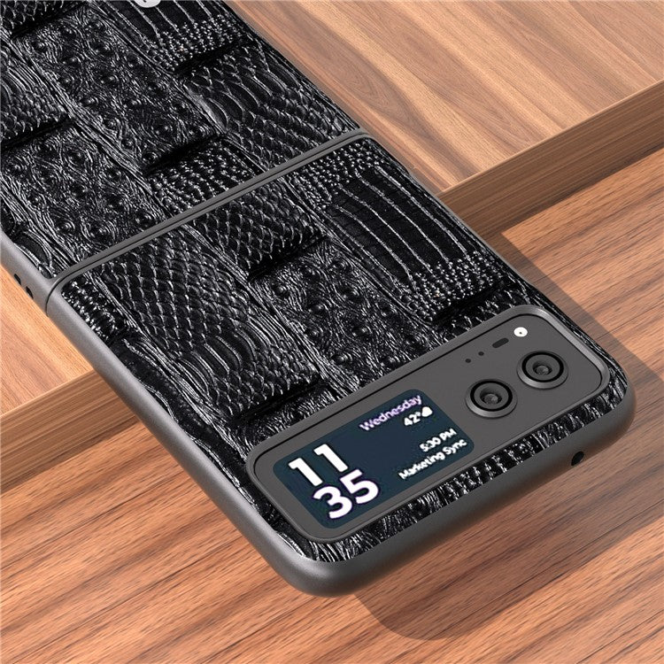 ABEEL For Motorola Razr 40 5G Mahjong Texture Cover Genuine Cow Leather+PC Anti-Shock Phone Case - Black