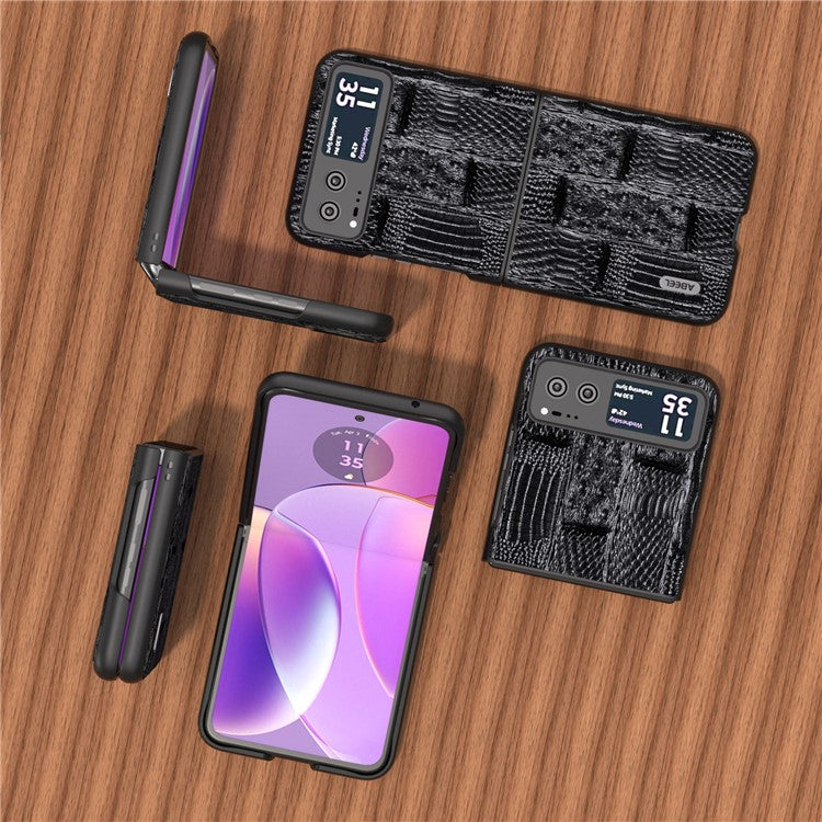 ABEEL For Motorola Razr 40 5G Mahjong Texture Cover Genuine Cow Leather+PC Anti-Shock Phone Case - Black